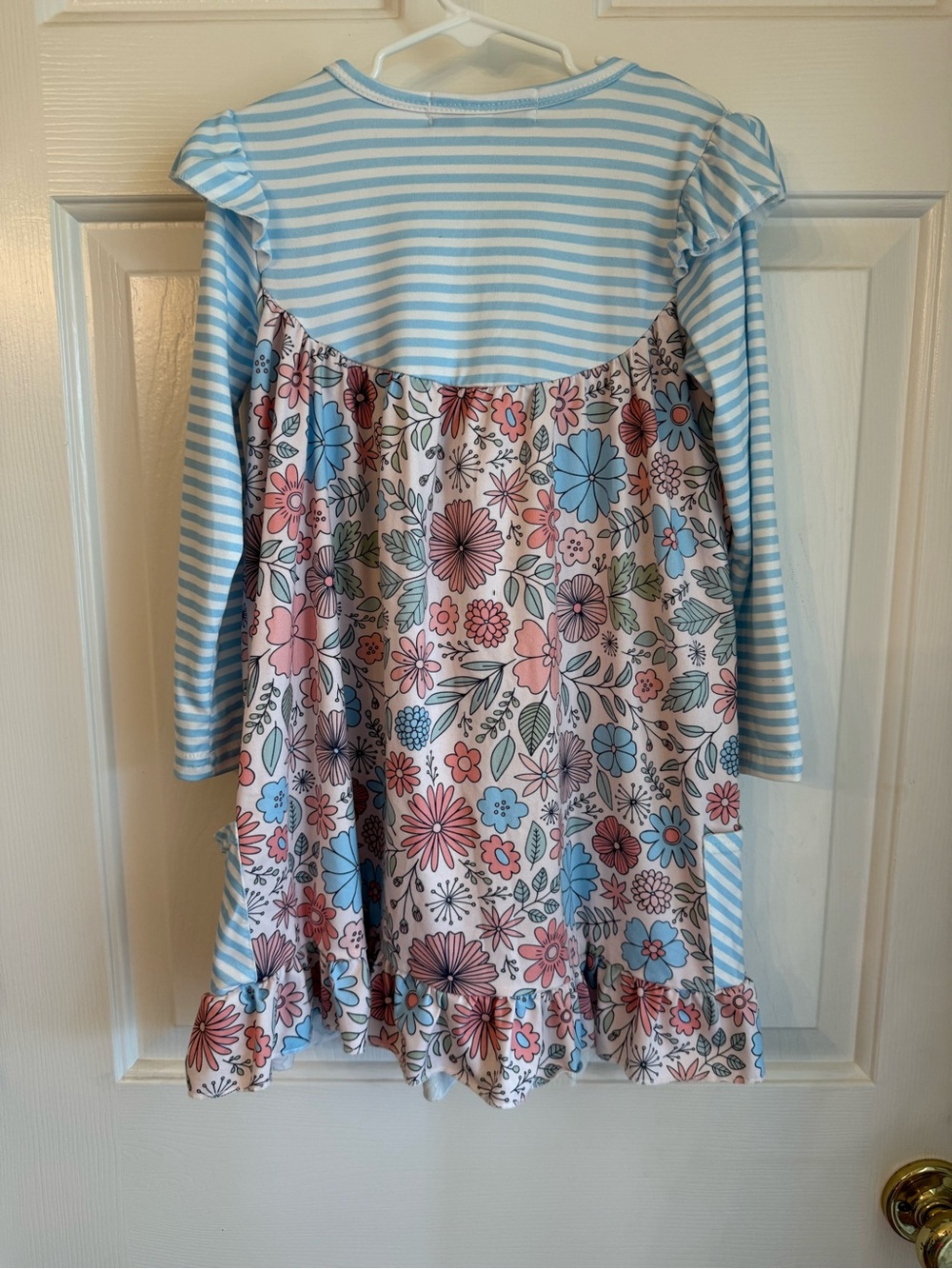 Girls' Blue Striped Floral Ruffle Button-Front Dress - Picture 2 of 3